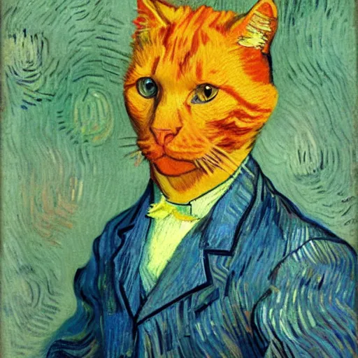 Image similar to a portrait of a ginger orange cat, wearing a light blue suit, by Vincent Van Gogh