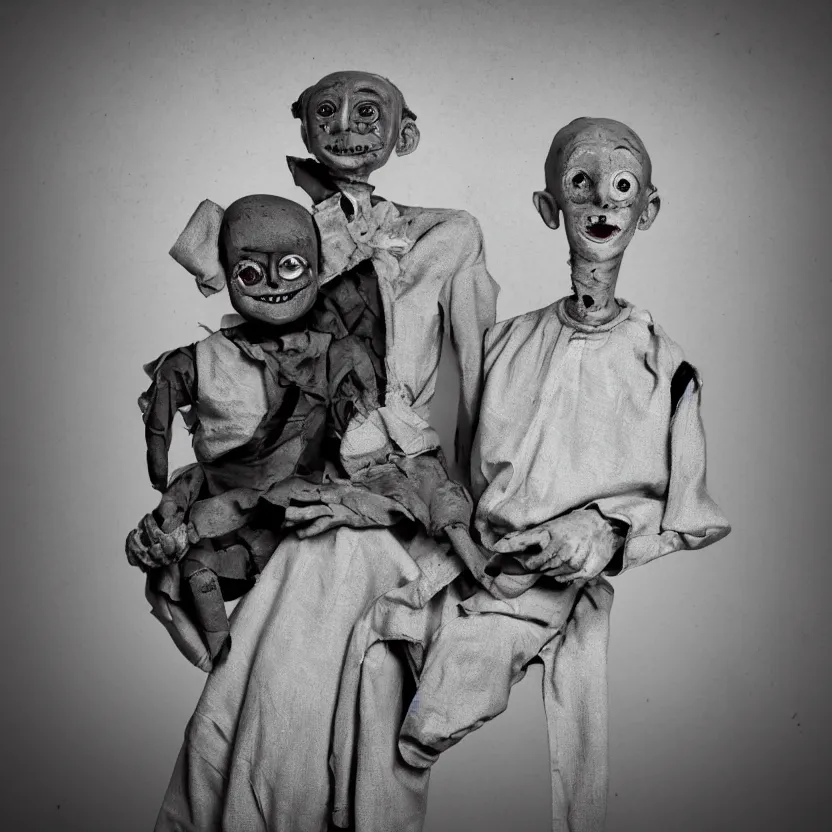 Image similar to creepy ventriloquist dummy in the style of roger ballen, 4 k, bw, portrait