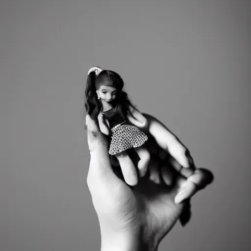 Prompt: very very very tiny ariana grande small ariana grande 1 inch tall. she is situated comfortably in the palm of my hand. I am carrying around the smallest ariana grande in the world!!!! award-winning bw photography