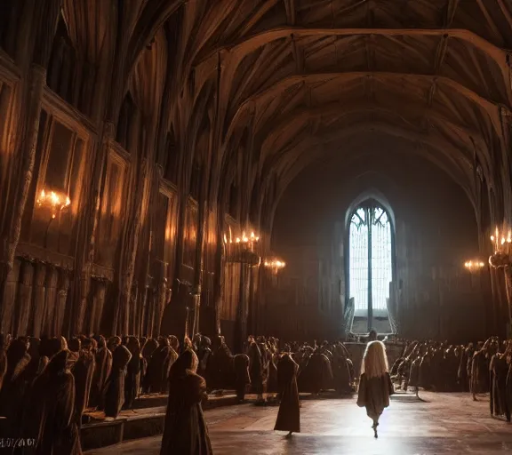 Prompt: Daenerys the Stormborn inside Hogwarts main hall, film still, best shot, 8K