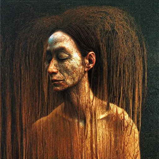 Prompt: portrait of 6000 years old girl, painting by Beksinski