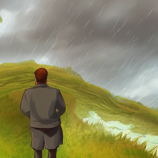 Image similar to a regretful man on a hill and storm is coming, digital painting, futured, ultra detailed