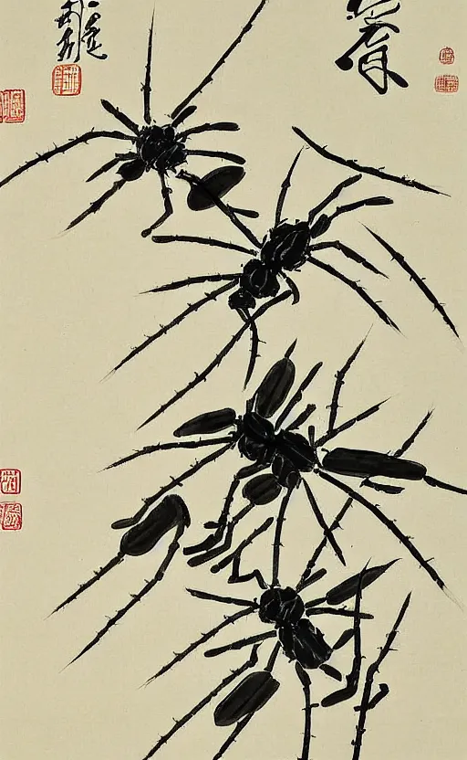 Image similar to qi baishi's chinese painting, insect and plant