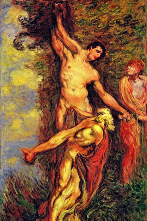 Prompt: Prometheus in style of Salome with the Head of John the Baptist, background by Claude Monet