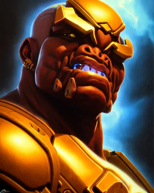 Image similar to doomfist from overwatch, fantasy, fantasy art, character portrait, portrait, close up, highly detailed, intricate detail, amazing detail, sharp focus, vintage fantasy art, vintage sci - fi art, radiant light, caustics, by boris vallejo