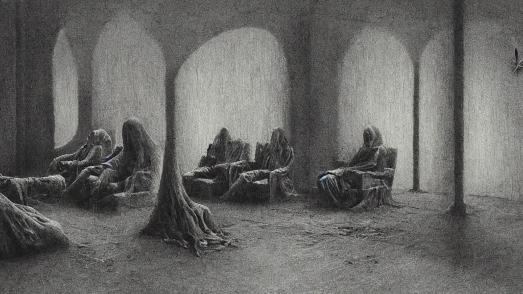 Image similar to creepy mental hospital, medicated patients watching TV by Zdzislaw Beksinski, Ivan Seal, Leyland Kirby