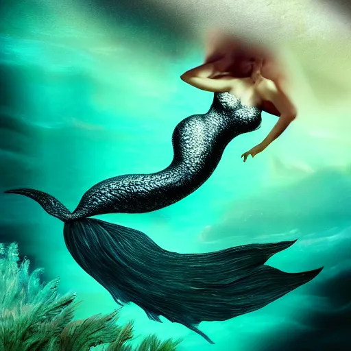 Image similar to Mermaid seen through submarine window underwater in the dark ocean, 4k detailed art