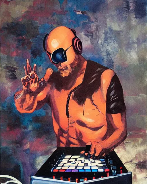 Image similar to cyclops (from x-men) finger drumming on an Akai MPC 2000XL, painting by Toni Toscani, oil on canvas