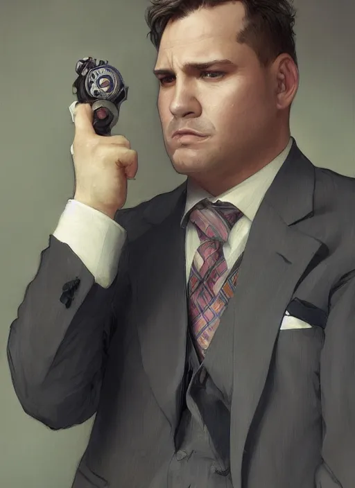 Prompt: portrait of a clean - shaven chubby chubby chubby white man in a suit and tie, office setting, d & d, detailed, digital art, artstation, smooth, sharp focus, art by artgerm, greg rutkowski, alphonse mucha