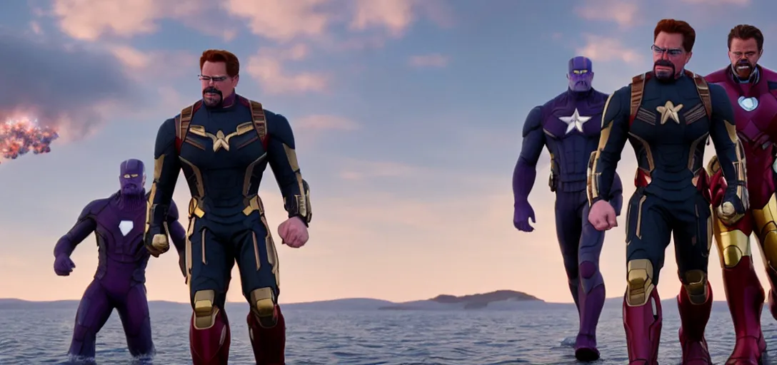 Image similar to a very high resolution image from a new movie. thanos kissing tony stark while capitan america watches on a lake, photorealistic, photography, directed by wes anderson