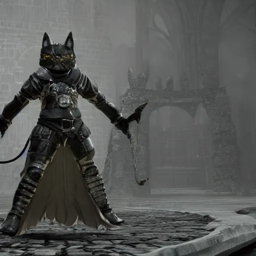 Image similar to cat as dark souls 4 final boss, artstation hq, dark phantasy, stylized, symmetry, modeled lighting, detailed, expressive, created by hidetaka miyazaki, dark souls 4 screenshot