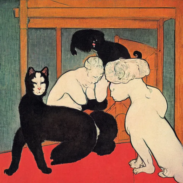 Prompt: couple under a baldachin. iridescent colors, fuzzy black cat. henri de toulouse - lautrec, utamaro, matisse, rene magritte