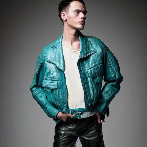 Prompt: an award - winning editorial photo of a male model wearing a teal distressed baggy medieval cropped leather menswear jacket by alexander mcqueen, 4 k, studio lighting, 5 0 mm