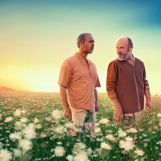 Image similar to a man is white and balding, and middle aged, and the other man is latino and skinny, together in a field of flowers at sunset, realistic, intricate, 4k