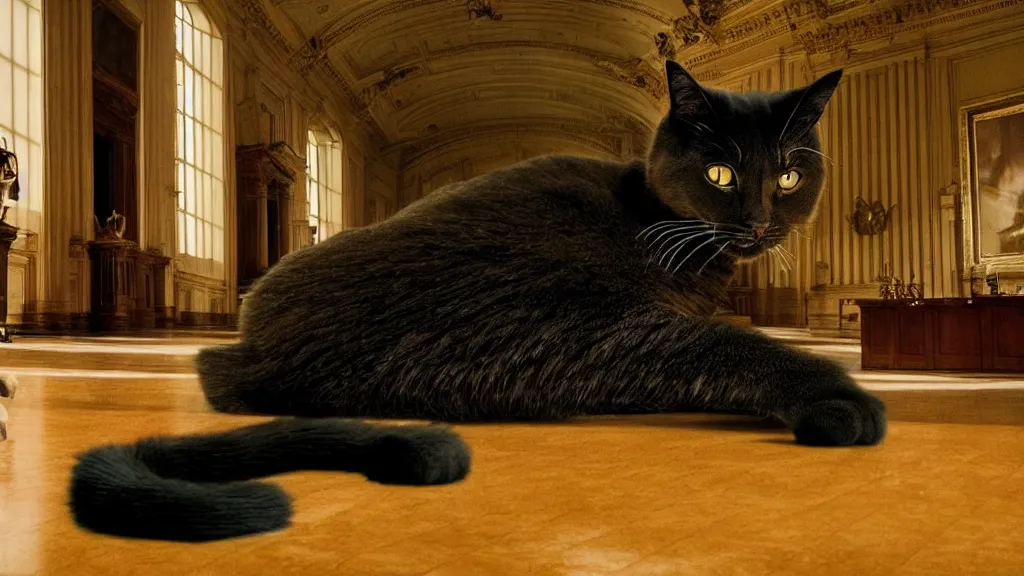 Image similar to the giant cat in city hall, film still from the movie directed by denis villeneuve and david cronenberg with art direction by salvador dali, wide lens