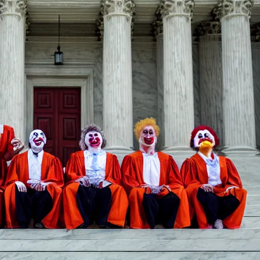 Image similar to Exactly 6 dressed as Clowns Exactly 3 in Justice Robes, sitting on the Supreme Court, 4K, Octane Render https://media.discordapp.net/attachments/1005627987435192381/1006954863948726304/supreme.jpg