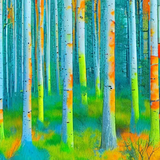 Prompt: A forest landscape with different hues of blue and green and orange