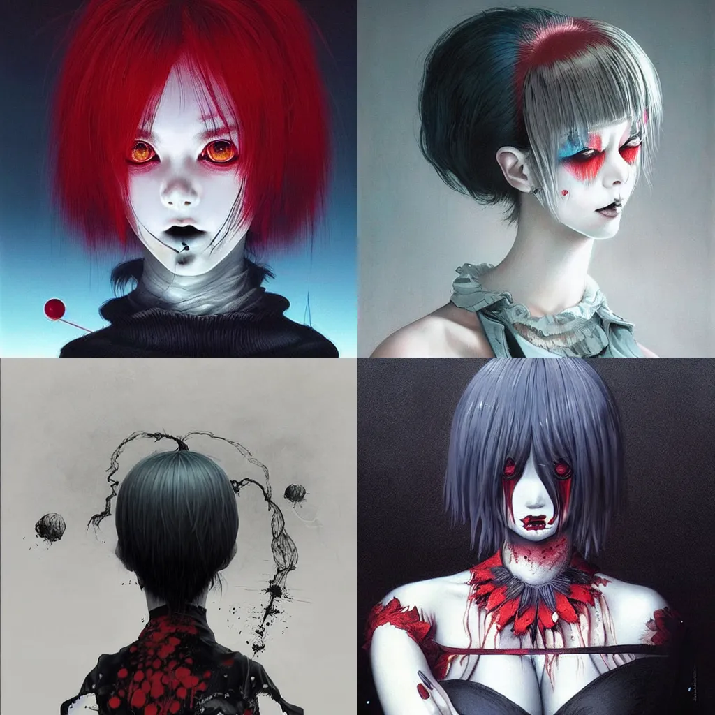 Prompt: beautiful! coherent!!! detailed! expert! professional manga seinen key art portrait art of a goth clowngirl, painted by ilya kuvshinov!!!!! and zdzislaw beksinski # wow