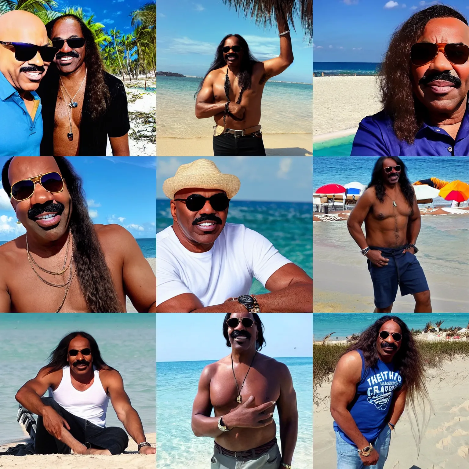 Prompt: Steve Harvey with long hair long hair long hair and sunglasses chilling on the beach