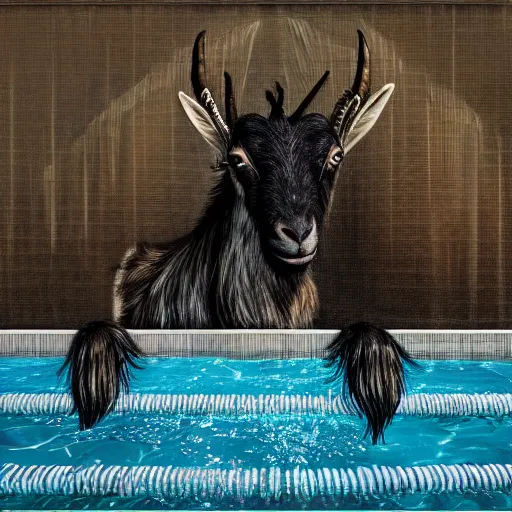 Image similar to wide angle of a nightmare goat in a swimming pool, highly detail, ultra realistic, art by hr giger, 4 k