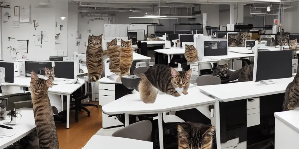 Prompt: photo of an office filled with cats who are working at their desks, clicking buttons with their paws, and drinking coffee holding the cups in their paws, in the style of david fincher
