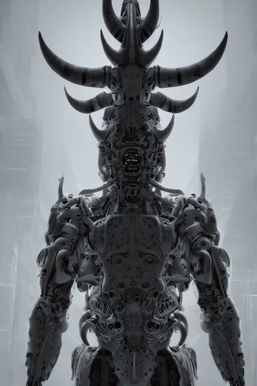 Prompt: Techno-God is an ancient mechanical gray giant horned humanoid, digital art, 8k, hyperrealism, high detail, ray tracing, concept art, octane render