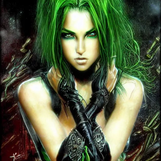 Image similar to female warrior, black hair, gorgeous bright green eyes, cinematic, by luis royo