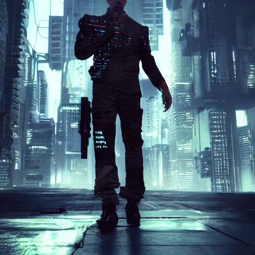 Prompt: pitbull standing in a city, cyberpunk style, by cedric peyravernay, highly detailed, excellent composition, cinematic concept art, dramatic lighting, trending on artstation