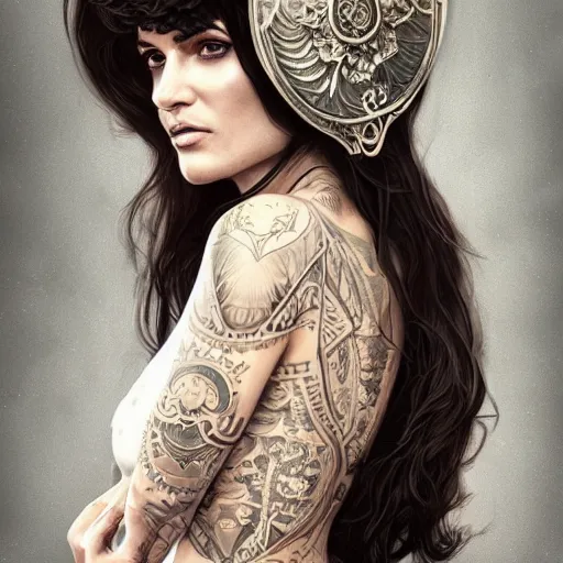 Image similar to an attractive young tattooed female with piercings wearing an white ornate metallic helmet, helena christensen, olive skin, long dark hair, beautiful bone structure, intricate, elegant, highly detailed, digital painting, artstation, concept art, smooth, sharp focus, illustration, art by artgerm and greg rutkowski and alphonse mucha