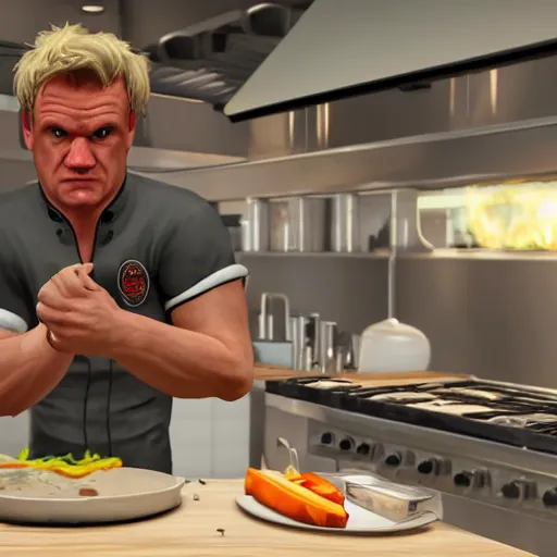 Image similar to GTA 5 photorealistic Gordon Ramsey cooking a unicorn in an intricate kitchen 4k