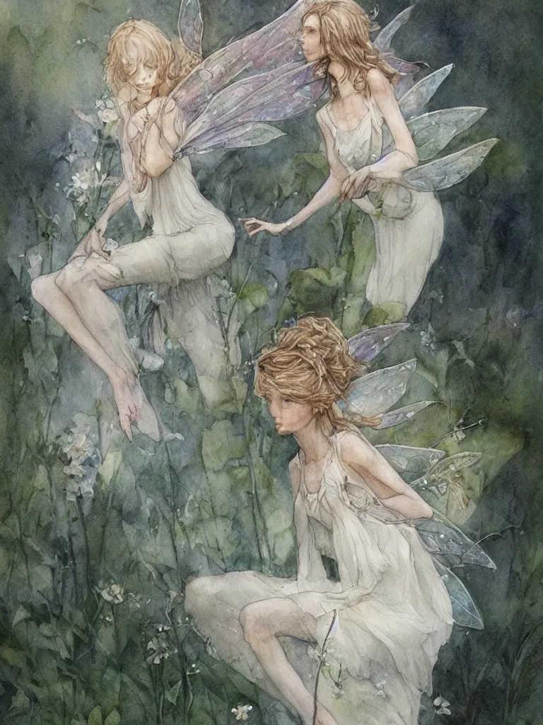 Image similar to study of a flower fairy, illustration, watercolor, alan lee, detailed, pretty, ethereal, realistic, artstation,