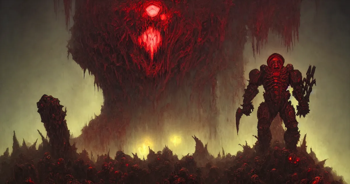 Prompt: portrait of doom slayer wearing his armor standing on top of a pile of demon corpses alone, heroic pose, by Zdzislaw Beksinski, id software, gothic, amazing details, volumetric lighting, 8k, cold hue's, warm tone gradient background