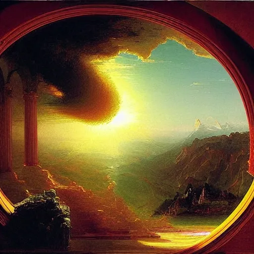 Image similar to interactions with a parallel universe. beautiful painting by thomas cole ( 1 8 3 3 )