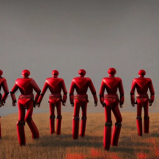 Prompt: Robots wearing red uniforms walking in a wheat field with brutalist buildings behind them, unreal engine, dystopian, communist, Otto Dix, Artstation, mist