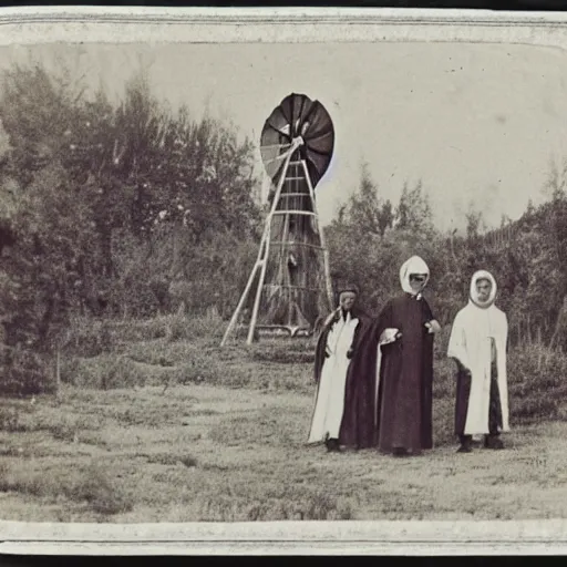 Image similar to an 1800s photo of a windmill. Cult worshippers in robes.