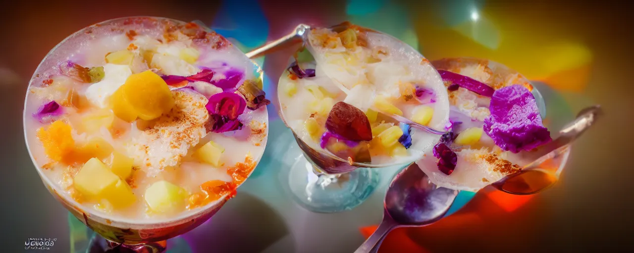 Prompt: halo - halo from kuya j's, depth of field, food photography, isometric, delicious, wide shot, studio, bokeh, gmaster, cooking, food, kodak, sony, canon