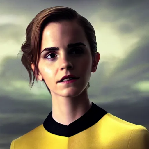 Image similar to a portrait of emma watson as a star fleet officer from star trek next generation, ultra rendered extreme realism and detail, 8 k, highly detailed, realistic, completely framed, pbr, surreal, hyper realistic, colorful, direct lighting, 3 5 mm photo, photorealistic, sharp focus