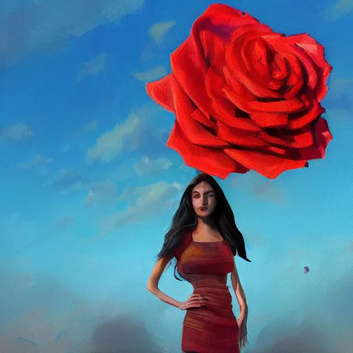 Image similar to closeup, giant rose flower head, frontal, girl in a suit, surreal photography, sunrise, blue sky, dramatic light, impressionist painting, digital painting, artstation, simon stalenhag