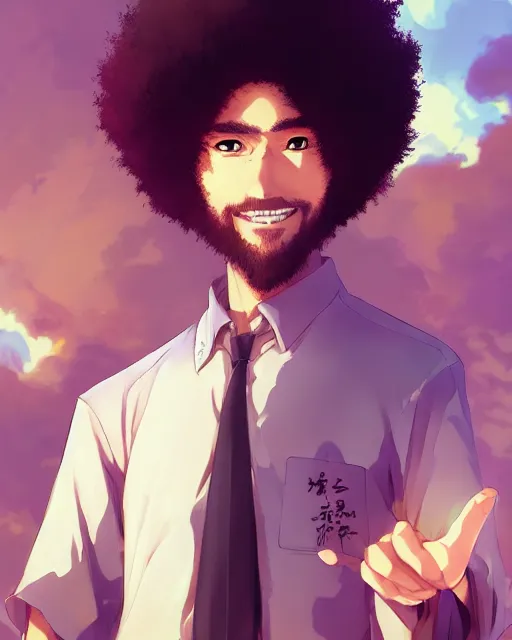 Image similar to anime portrait of Bob Ross as an anime man by Stanley Artgerm Lau, WLOP, Rossdraws, James Jean, Andrei Riabovitchev, Marc Simonetti, and Sakimichan, trending on artstation