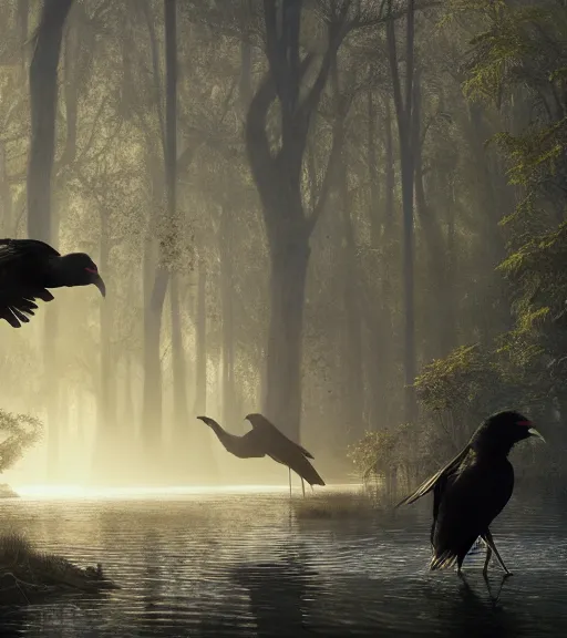 Prompt: three long legs long beak crows in a little boat in a swamp, volumetric lighting, majestic light, octane render, ethereal glare of the sun, hyperrealistic, epic, masterpiece, by greg rutkowski