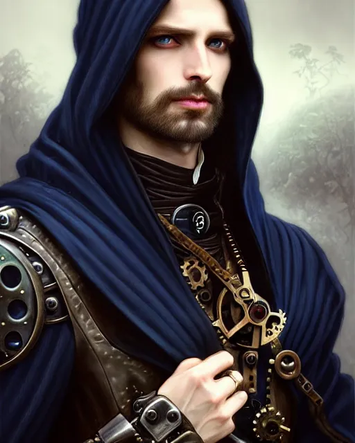 Image similar to handsome male using a mechanical steampunk device, long black hair blue eyes wearing cloth mantle gothic navy cloak with leather details, cliffside town, fantasy character portrait, ultrarealistic, intricate details, elegant, cinematic lighting, highly detailed, artstation, cgsociety, sharp focus, beautiful digital painting by artgerm, gerald brom, wlop, alphonse mucha