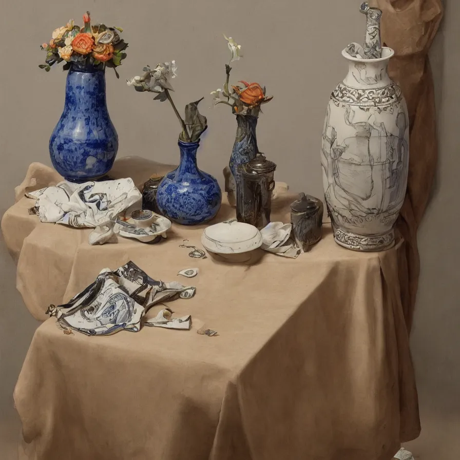 Image similar to beautiful studio photograph of a ceramics display with hans holbein portrait painted onto a tall stoneware vase by peter pincus on a tablecloth on a wooden table, hyperrealism 8 k trending on artstation