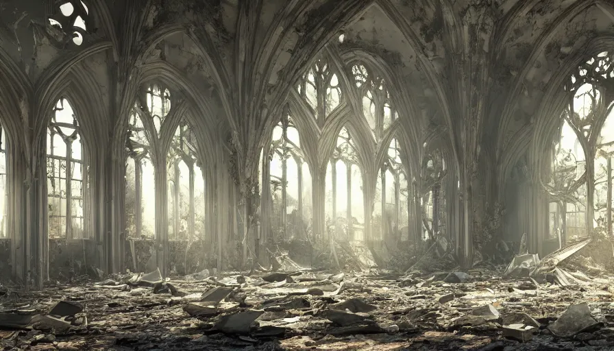 Image similar to Interior of a destroyed abandoned Neo-Gothic manor, hyperdetailed, artstation, cgsociety, 8k