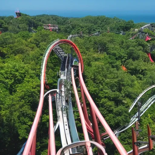 Prompt: at the peak of a rollercoaster track looking down at the drop, exhilarating, hands up in the air, beautiful horizon, theme park, Six Flags, sunny day