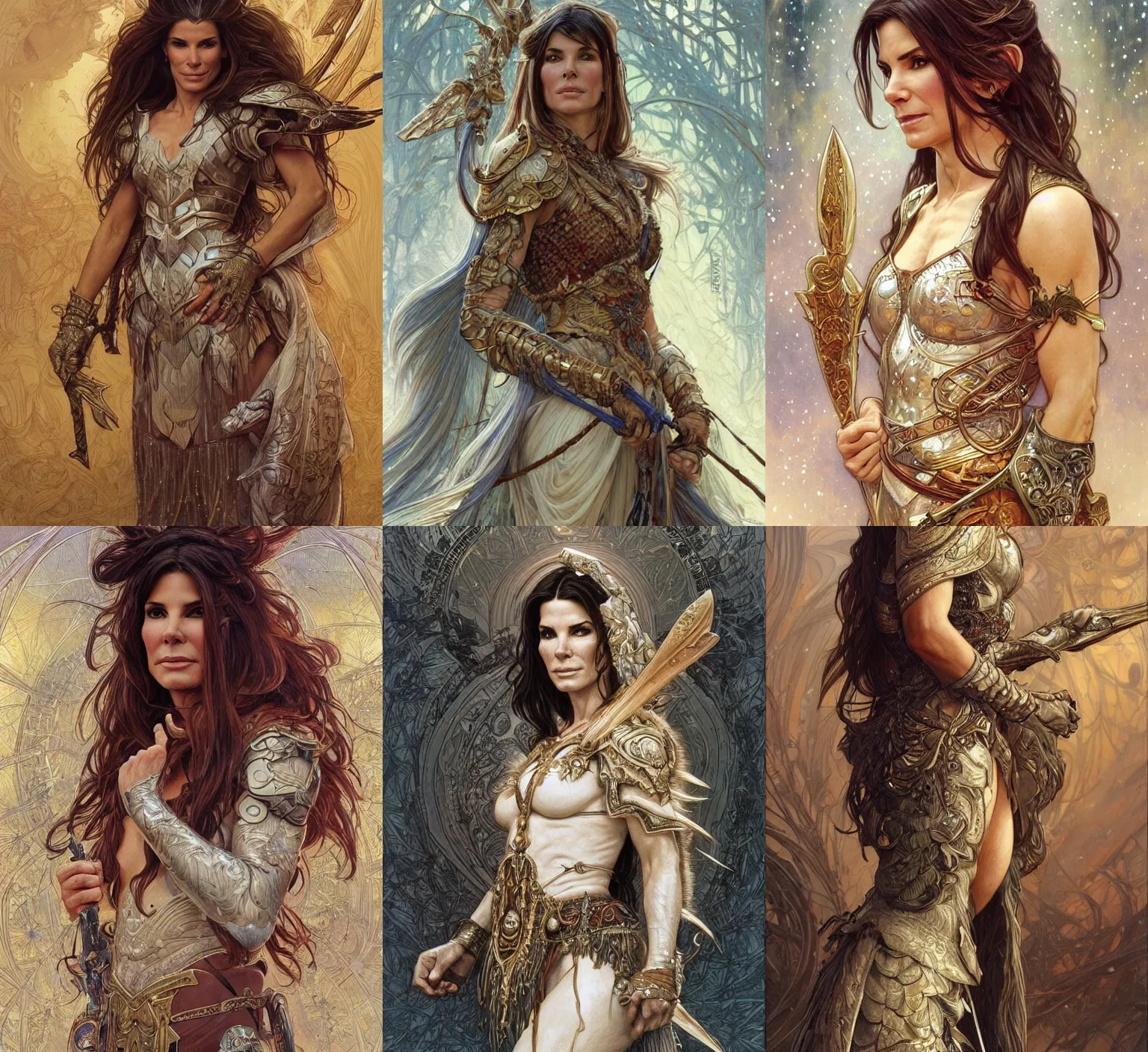 Prompt: Sandra Bullock as a beautiful warrior woma, snowy winter, , fantasy, intricate, elegant, highly detailed, centered, digital painting, artstation, concept art, smooth, sharp focus, illustration, art by artgerm and donato giancola and alphonse mucha