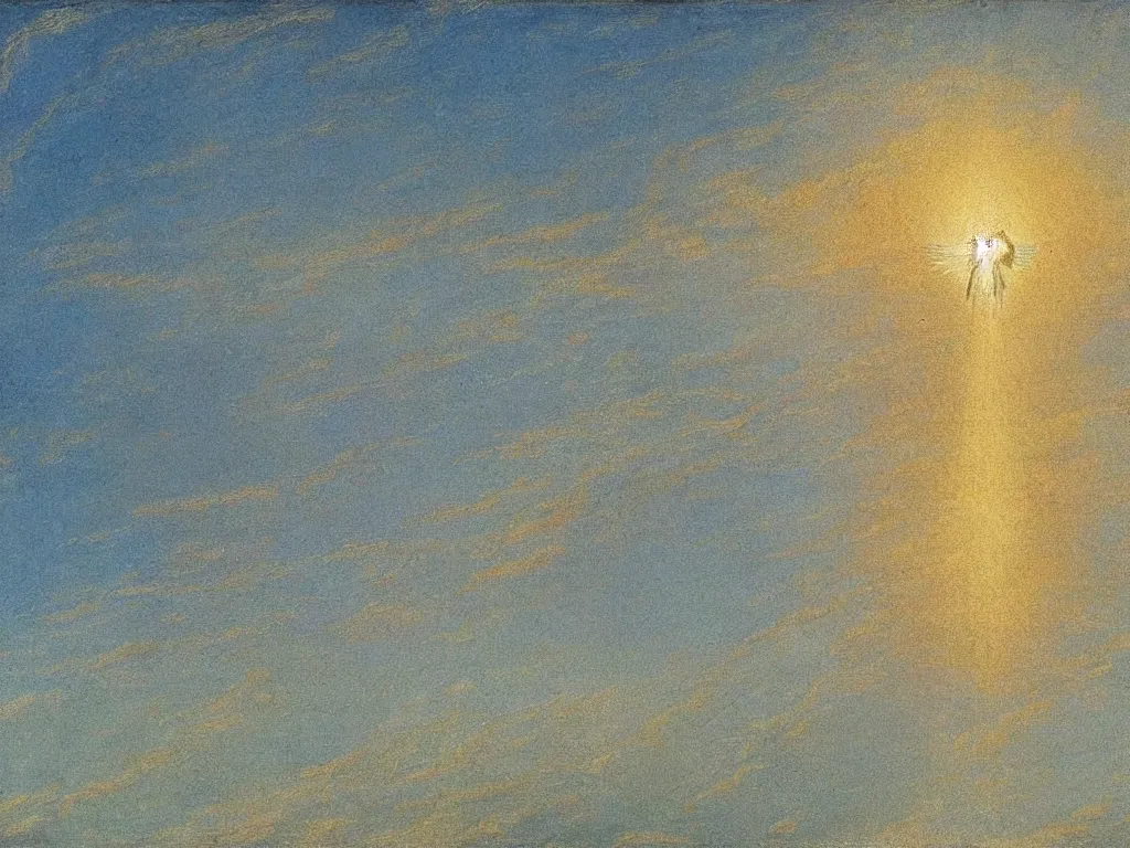 Prompt: biblical angel in the sky flying on the sea painted by caspar david friedrich