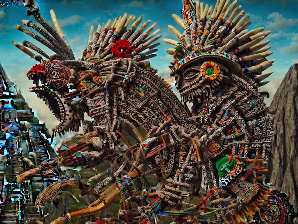 Image similar to highly detailed photo of huitzilopochtli, cipactli, tezcatlipoca, itzlacoliuhqui - ixquimilli, trending on deviantart, neo surrealism, sharp focus, a lot of little details, octane, masterpiece, art by max ernst