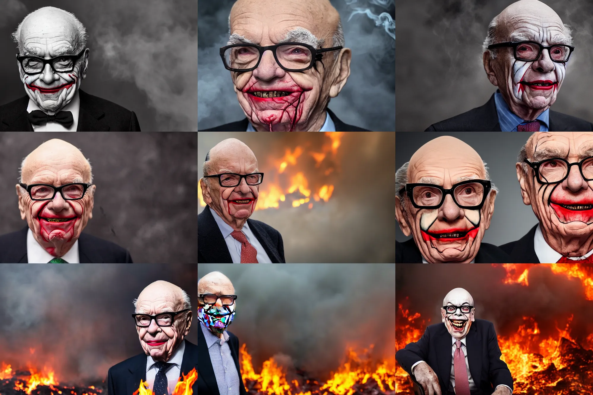 Prompt: Rupert Murdoch wearing glasses and makeup like The Joker, Joker makeup, smiling as the world behind him burns, standing in hell surrounded by fire and flames and lava and brimstone, volumetric fog, portrait photography, depth of field, bokeh