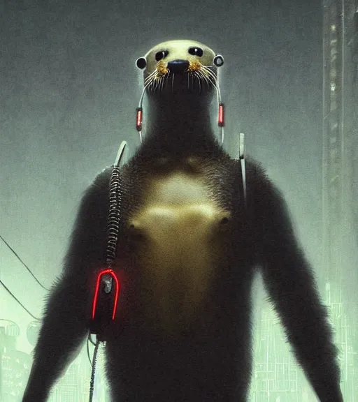 Image similar to new york city portrait of furry anthro anthropomorphic river otter head animal person fursona wearing clothes strange cybernetic muzzle gloomy rainy screenshot from the video game cyberpunk 2077 digital art by Greg Rutkowski, Simon Stalenhag, christopher nolan trending on Artstation, CGSociety