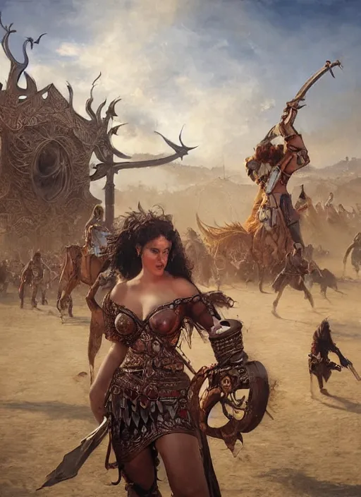 Image similar to hyper realistic painting of burningman pagan medieval festival warrior curvy partygirl cinematic, vallejo, julie bell, craig mullins greg rutkowski,